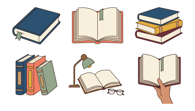 Book Vector Icon Set Featuring Open Books Hardcovers Book Stacks Desk Reading Lamp Glasses and Hand Holding Book for Education and Libraries