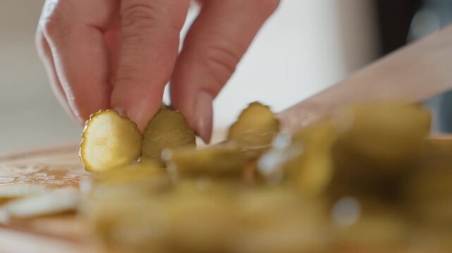 Close-up hand slicing small round pickles on wooden cutting board while knife moves downward and fingertip steadies pieces, creating thin uniform rounds with soft blur in foreground and background