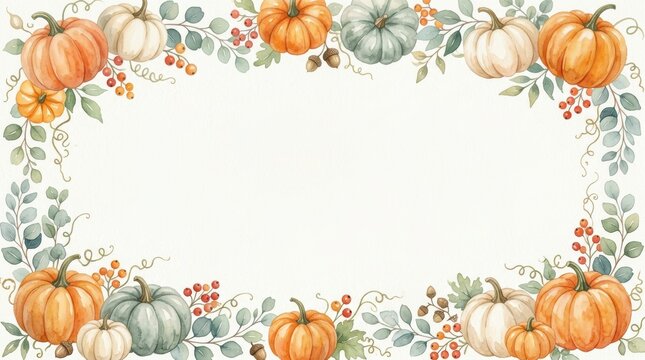 Watercolor autumn pumpkin frame with berries and leaves isolated on white background