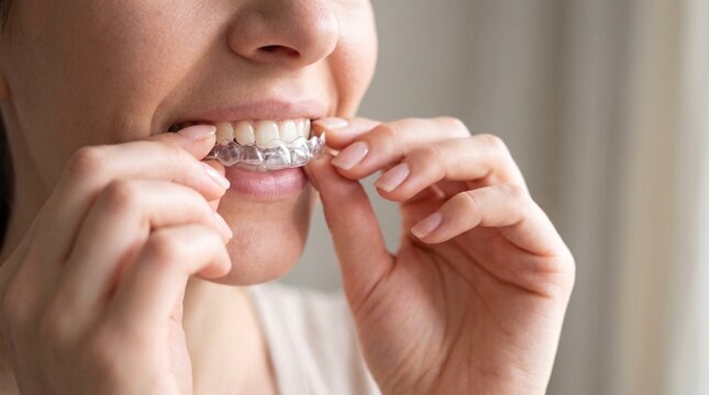 Close up of a young woman placing a transparent clear aligner tray onto her upper teeth, invisible braces orthodontic treatment at home