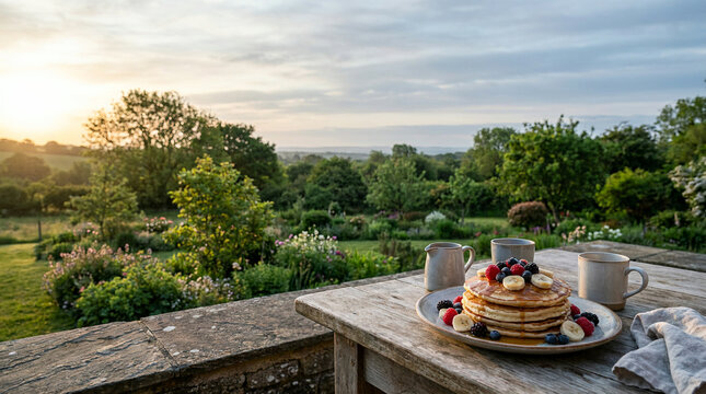 Stack of berry topped pancakes served on a rustic outdoor garden table