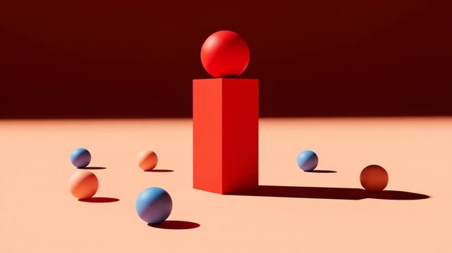 Minimalist 3d composition with a red sphere on a rectangular pedestal surrounded by smaller blue and orange spheres on a warmtoned surface