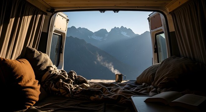 View of mountain landscape from inside a camper van