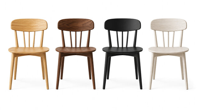 Modern wooden dining chairs set featuring wishbone cane and spindle designs isolated on white background.