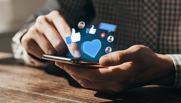 Person using smartphone with social media icons and heart reaction floating above screen