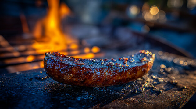 Juicy sausage grilling on a hot outdoor barbecue pit with flames barbecue charcoal