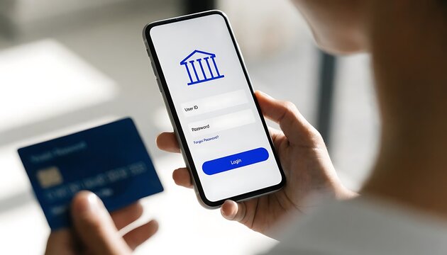 Person using mobile banking app on smartphone with credit card for online payment transaction