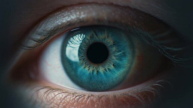 Extreme macro footage of a single beautiful healthy human eye with a deep teal iris and natural patterns for national eye exam month