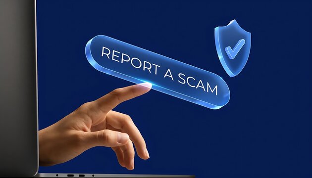Finger pressing Report a Scam button on digital screen for online cybersecurity protection.