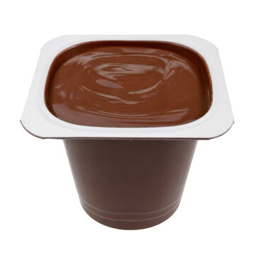 Single brown plastic cup filled with rich chocolate pudding, showcasing its smooth texture and creamy surface on a white background