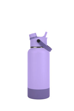 Light purple insulated water bottle with dark purple boot and lid isolated isolated on transparent background