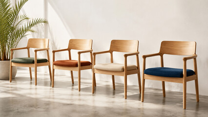 Fototapeta premium Modern wooden armchairs with colorful cushions in a bright sunlit interior space.