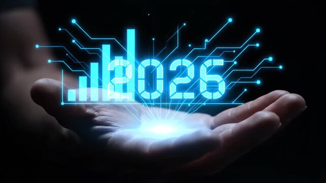 Holographic projection of the year 2026 floating above a persons open palm in a dark environment