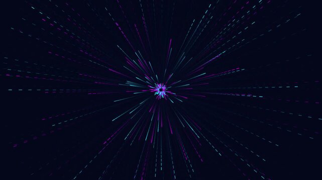 Motion video of abstract digital explosion of neon light streaks