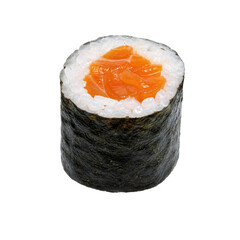Freshly prepared salmon maki sushi roll, featuring vibrant orange fish and white rice, isolated on a clean white background © Chinases