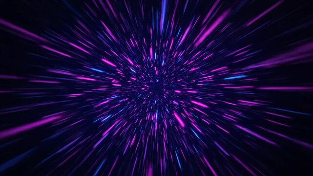 Abstract background with moving neon purple and blue light streaks, high speed travel through space, warp drive, futuristic technology concept