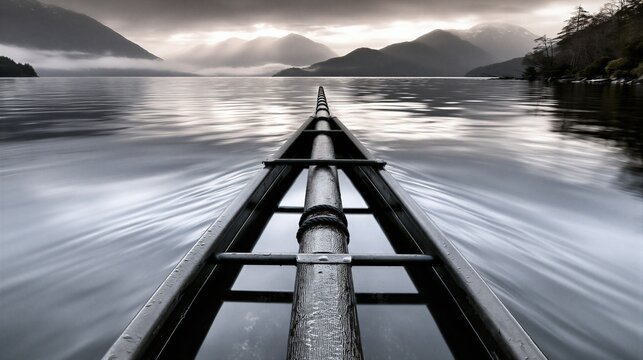 A captivating first-person perspective shot from within a traditional wooden canoe gliding across a tranquil lake, framed by majestic, mist-shrouded mountains.