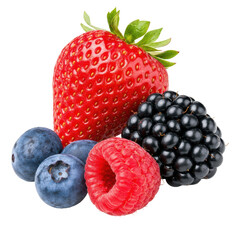 Fresh vibrant red strawberry, blueberries, raspberry, and blackberry berries are perfectly arranged on a pure white background © Chinases