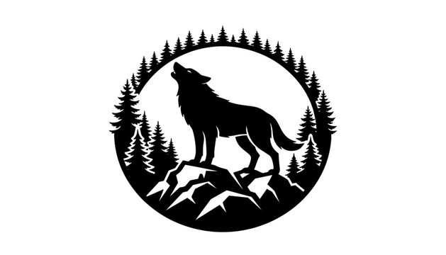 Howling wolf silhouette vector illustration inside circular forest frame with pine trees and mountains for wildlife nature apparel designs