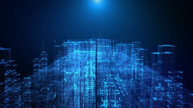 Futuristic transparent city emerges virtual projection, digital engineering, urban simulation, infrastructure management, predictive planning, smart construction, monitoring advanced city technology.