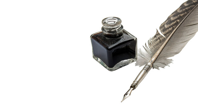 Classic black inkwell bottle with calligraphy feather quill pen isolated on a white background