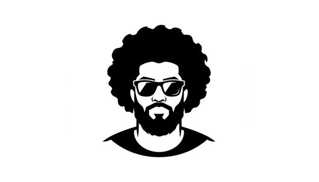 Bold bearded man mascot illustration featuring afro hairstyle, sunglasses, mustache, modern hipster style, and strong black silhouette design