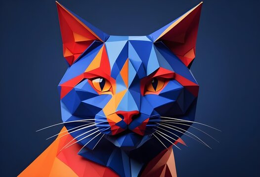 Illustrazione ritagliata nella carta di un ritratto geometrico di un muso di gatto astratto.