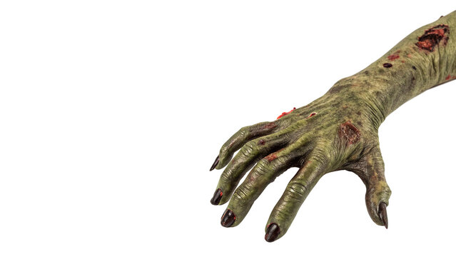 Scary rotting zombie hand halloween costume accessory prop decoration isolated on a white background