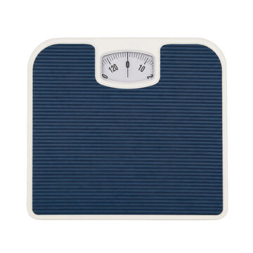 Blue and white analog bathroom scale with a textured surface, isolated on a clean white background, viewed from above