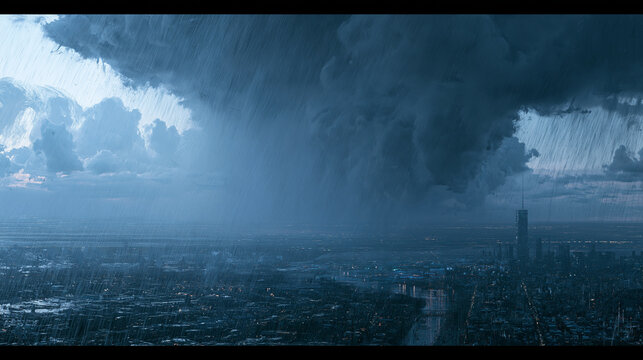 Stormy cityscape with heavy rain and dark clouds over skyscrapers.