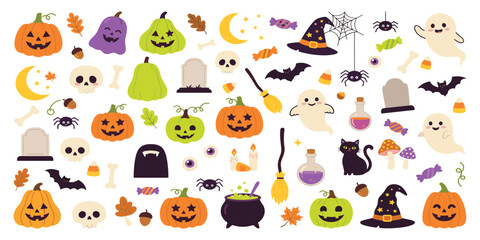 Fototapeta premium Cute Halloween Kawaii Icon Set with Colorful Pumpkins, Ghosts, Tombstones, Witch Hats, and Spooky Elements for Autumn Holiday Scrapbooking and Sticker Graphic Designs