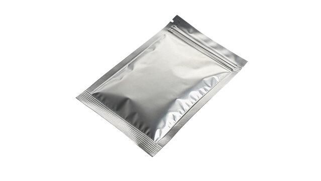 Blank silver metallic foil pouch sachet packaging mockup template isolated on a white background