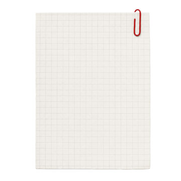 Single blank white grid paper sheet with a red paper clip attached to the top right corner, isolated on a white background