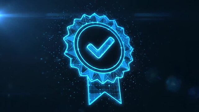 Digital quality assurance badge with a checkmark symbol, glowing blue neon light effect, futuristic technology concept, 3d render