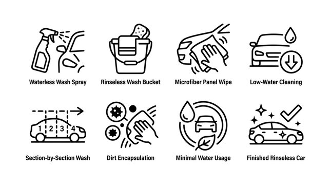 Car wash vector icon set representing eco friendly waterless cleaning methods with various maintenance tools and maintenance service symbols