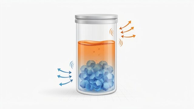 Scientific illustration of thermal energy storage and heat exchange process in a glass container with phase change materials