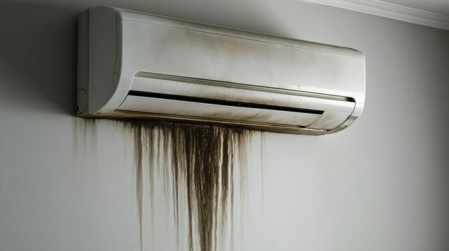 A dirty, moldy air conditioning unit leaking grime onto a white wall. Concept for air quality problems, appliance maintenance, and home repair services.