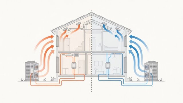 HVAC system diagram showing house heating and cooling with air source heat pump technology
