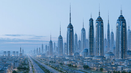 Obraz premium Stunning sci-fi city landscape with towering needle skyscrapers and glowing sunset sky over wide roads.
