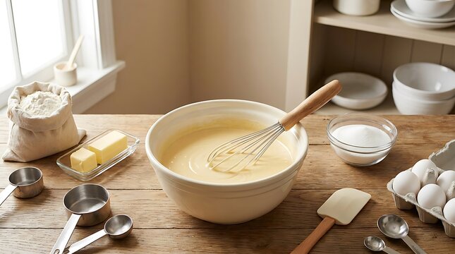 Mixing bowl with batter and wire whisk on a wooden kitchen table with baking ingredients like eggs butter and measuring cups in a bright home bakery setting. beginner baking guide