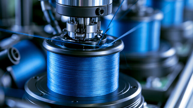 High-tech machine winding blue synthetic thread onto a metal spool in a factory. Precision manufacturing and textile industry technology concept.
