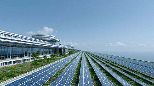 Sustainable airport terminal building design with extensive solar panel arrays and rooftop garden.