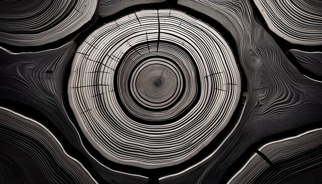 abstract black and white pattern formed by tree growth rings overhead view nature inspired symmetry minimalist texture