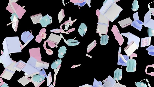 Stylized loopable animation of several objects related to learning and school, such as a backpack, pen, laptop, and so on, randomly falling and rotating, 3d render with alpha channel