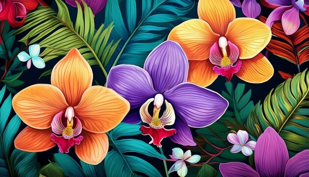 vibrant orchids and lush tropical leaves in a seamless colorful floral pattern