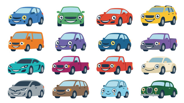 Set of cute cartoon car characters with funny faces.