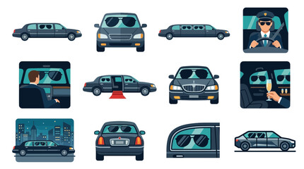 Obraz premium Set of luxury limousine car illustrations in various angles and situations.