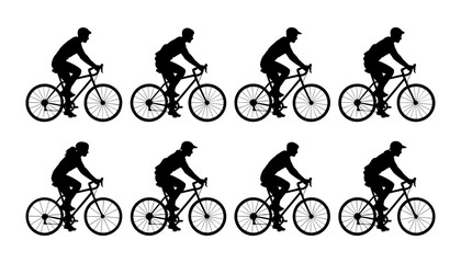 Fototapeta premium Cyclist riding road bicycle black silhouette vector collection set showing different athlete poses for racing sport design