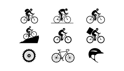 Fototapeta premium Cyclist silhouettes and bicycle accessories vector icon set including road mountain racing delivery and helmet graphics