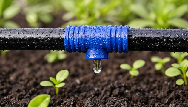Blue garden hose nozzle dripping water droplet on soil with green seedlings in sunlight